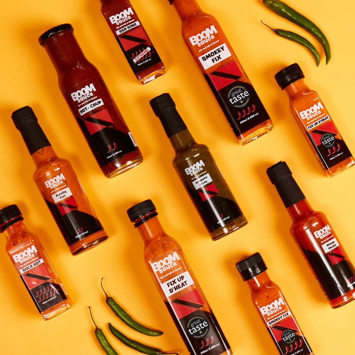 Boom Sauce artisan hot chilli sauce bottles